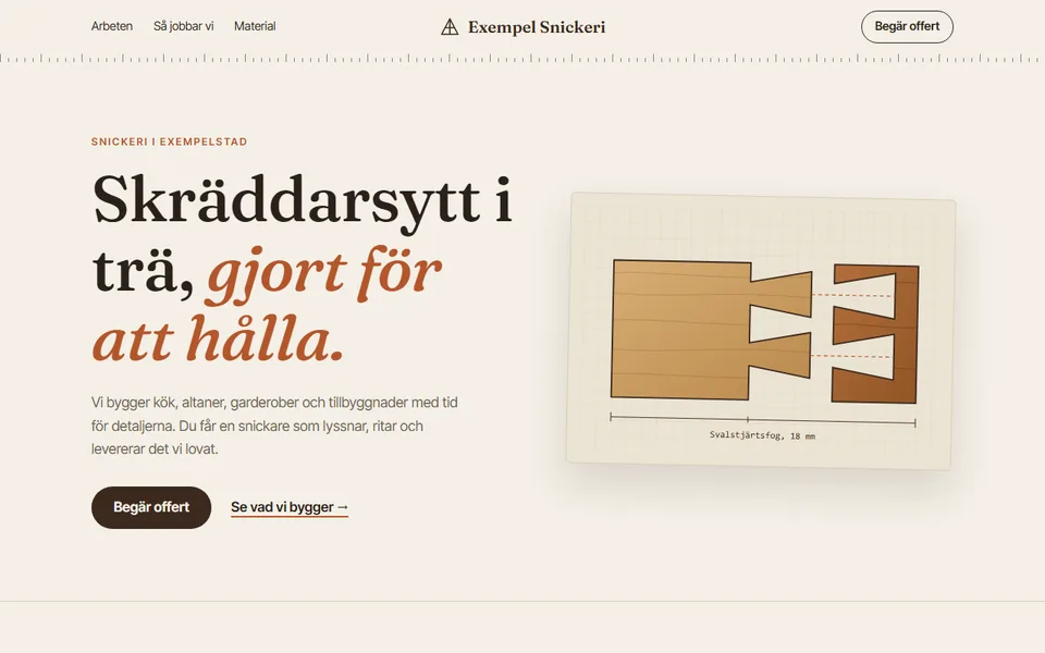 Förhandsbild av konceptsidan för en snickare, med en ritning av en svalstjärtsfog